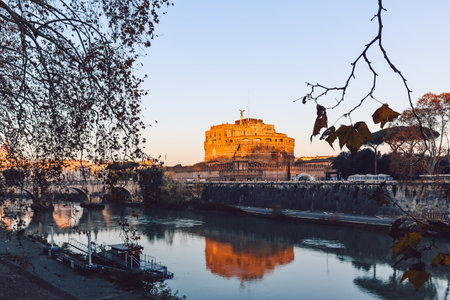 Rome in morning. Panoramic view of Castel SantAngelo with reflection in Tiber river in Rome, Italy.の写真素材