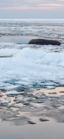 Scene of ice floes drifting in calm ocean waters with stunning sunset sky. Reflective water surface captures colorful clouds, evoking serenity and tranquility. Vertical photoの写真素材
