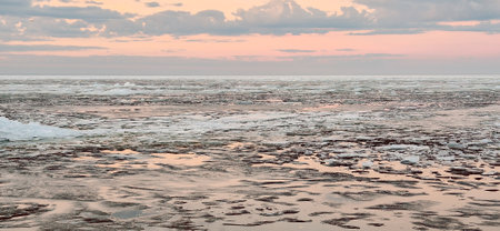 Sunrise over a tranquil coastline with icy patches and smooth stones along the sandy shore. The sky reflects in the water, creating a serene and peaceful atmosphere.の写真素材