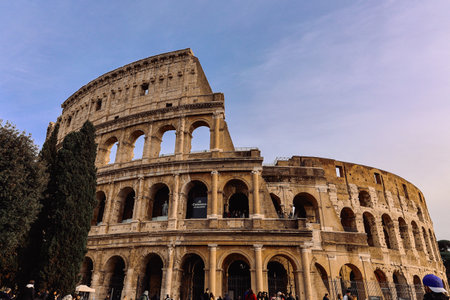 Panoramic view of old Colosseum in Rome. Beautiful popular of ancient landmark. Famous card of city...
