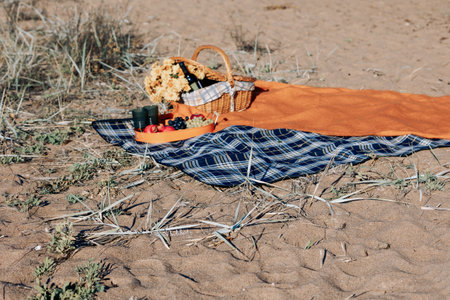 Autumn picnic on beach by sea. Fresh fruits, wine glasses, bottle, grapes, pomegranate near picnic basket on orange blanket. High quality photoの写真素材
