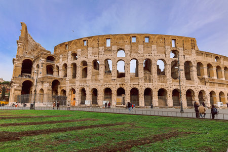 Panoramic view of old Colosseum in Rome. Beautiful popular of ancient landmark. Famous card of city of Rome, Italy. High quality photoの写真素材