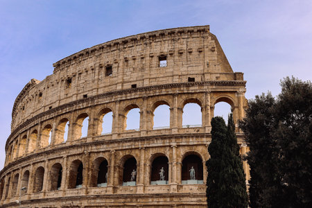 Panoramic view of old Colosseum in Rome. Beautiful popular of ancient landmark. Famous card of city...
