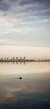 Panoramic view of beautiful dawn on bay. Cumulus clouds over water in bright light. Boat with...