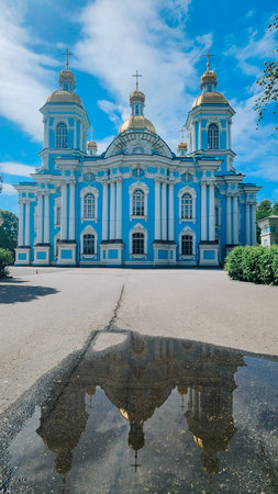 Panoramic view of St. Nicholas Naval Cathedral with beautiful reflection in water....