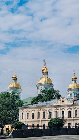 Panoramic view of St. Nicholas Naval Cathedral. Nikolo-Bogoyavlenskiy Morskoy Sobor built in 1762 in Saint Petersburg, Russiaの写真素材
