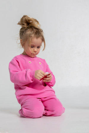 Portrait of cheerful playing girl. Child with smiles and funny emotions on light background. Vertical photo.の写真素材