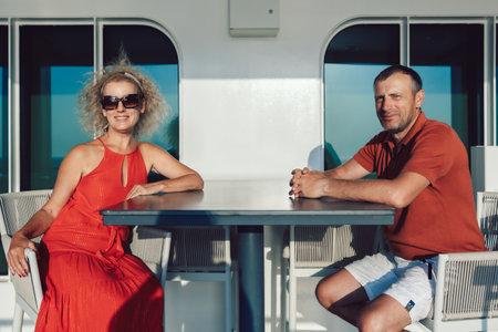 Couple in love on cruise ship. Man and woman in love enjoying their romantic vacation. High quality photoの写真素材