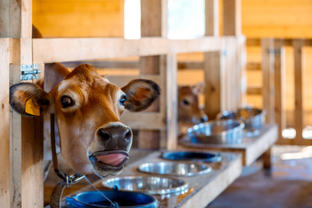 Close-up portrait of funny cow stuck out his tongue. Dairy eco farm. Rural organic nature animals farm. Selective focus. High quality photoの写真素材