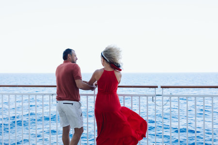 Couple in love on cruise ship. Man and woman in love enjoying their romantic vacation. High quality photoの写真素材