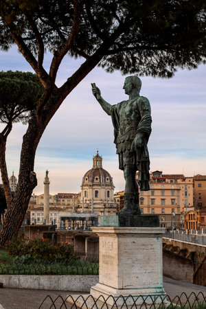 View of Statue of Roman Emperor Nerva at Roman Forum on famous Via dei Fori Imperial of Rome, Italy. Vertical photo. High quality photoの写真素材