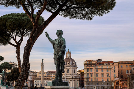 View of Statue of Roman Emperor Nerva at Roman Forum on famous Via dei Fori Imperial of Rome, Italy. High quality photoの写真素材