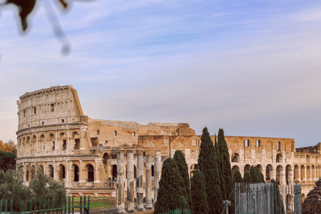 Panoramic view of old Colosseum in Rome. Beautiful popular ancient landmark. Famous site of city of Rome, Italy. High quality photoの写真素材