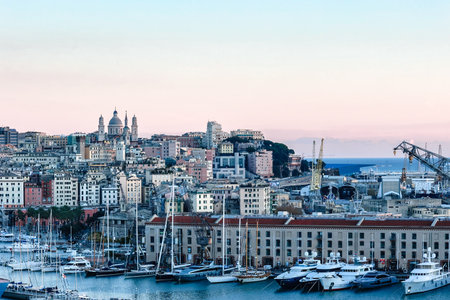 Genoa, Italy - December 3, 2023: Aerial panoramic view of old port in Genoa. Historic centre and cityscape of town, Genoa, Italyのeditorial素材