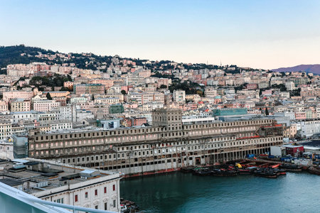 Genoa, Italy - December 3, 2023: Aerial panoramic view of old port in Genoa. Historic centre and cityscape of town, Genoa, Italyのeditorial素材