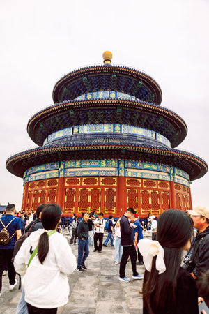 Beijing, China - October 3, 2025: Temple of Heaven with large crowd gathers around iconic circular...