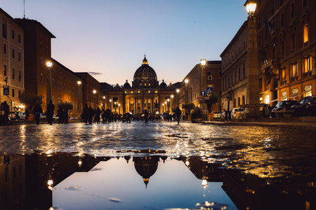Vatican, Vatican City - December 7, 2023: Panoramic night view of St Peters Basilica with beautiful...