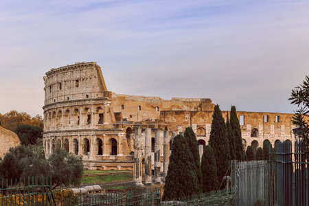 Panoramic view of old Colosseum in Rome. Beautiful popular of ancient landmark. Famous card of city of Rome, Italy. High quality photoの写真素材