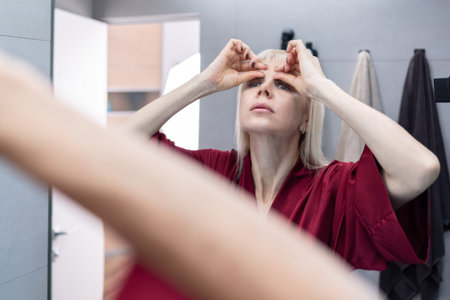 Facial Massage Practice. Blonde woman with short haircut wearing burgundy silk robe standing in...