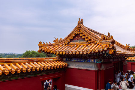 Beijing, China - October 5, 2025: Historic Chinese architecture featuring layered tiled roofs in...