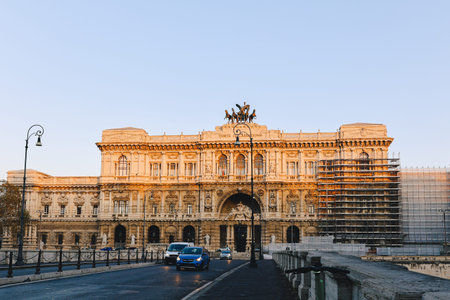 Rome, Italy - December 7, 2023: Monumental architecture. Palace of Justice facade with detailed...