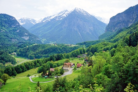 Panoramic view of small village in the swiss alpsの写真素材