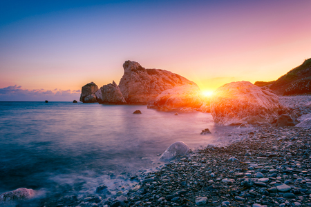 Aphrodites Rock beach, Petra tou Romiou, the birthplace of Goddness Aphrodite, Paphos, Cyprus. Amazing sunset seascapeの写真素材