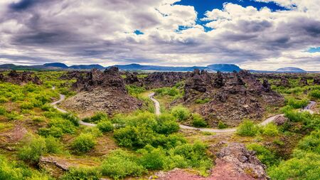 Dimmuborgir lava fields, rock formations, nature landscape, Icelandの写真素材