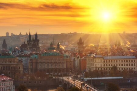 Golden sunrise over Prague old town, colorful cityscape, Czech Republicの写真素材