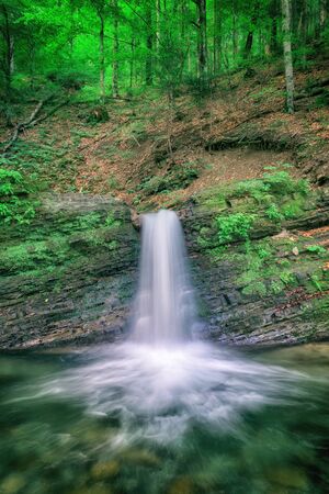 Mountain waterfall in the rocky canyon surrounded be green forest, vertical
