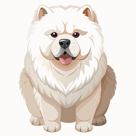 Chow Chow dog sits smiling, tongue out, showcasing carnivorous jaw and whiskersのイラスト素材