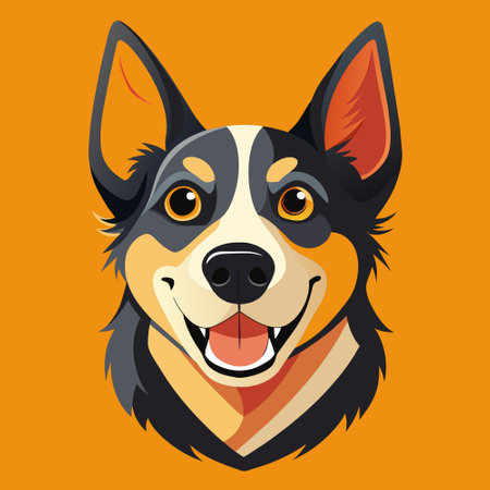 Cartoon illustration of a happy dog with whiskers on an orange backgroundのイラスト素材