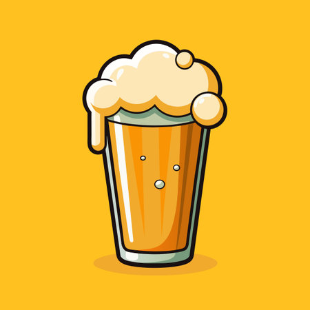 A glass of beer with foam and bubbles on a yellow backgroundのイラスト素材