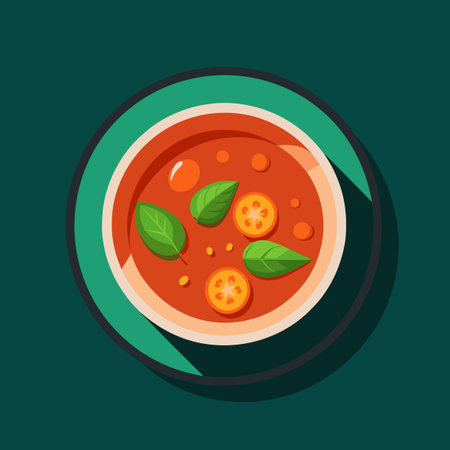 A bowl of soup with tomatoes and basil on a green plateのイラスト素材