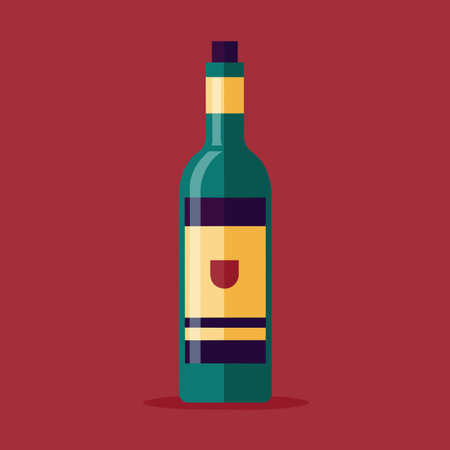A bottle of wine with a yellow label on a red background displayed on a tableのイラスト素材