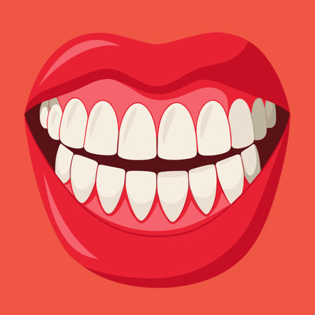 Closeup of a womans mouth with white teeth on red backgroundのイラスト素材