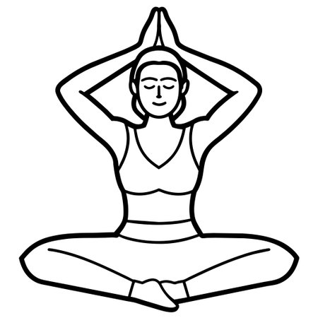 Black and white drawing of a woman in lotus position with eyes closedのイラスト素材