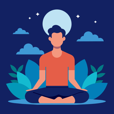 The man is seated in a yoga lotus pose with a circle above his headのイラスト素材