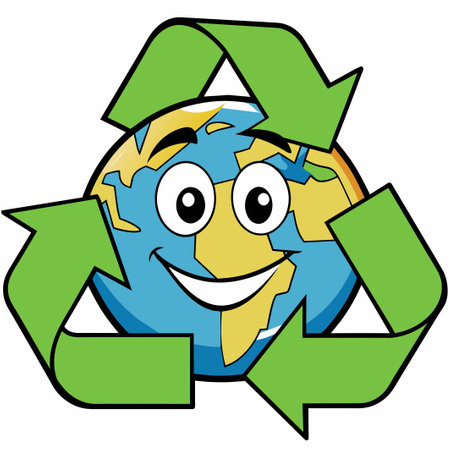 Cartoon globe character with a smiling face and a recycling symbolのイラスト素材