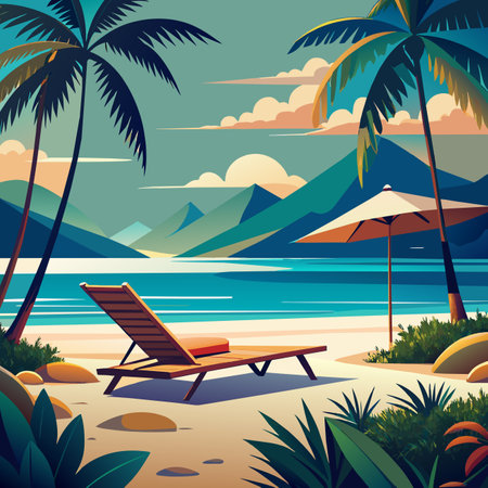 Beach with chair, umbrella, palm trees, mountains in the backgroundのイラスト素材