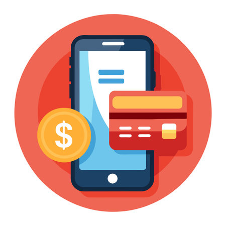 A cell phone with a credit card and a coin placed on top of itのイラスト素材