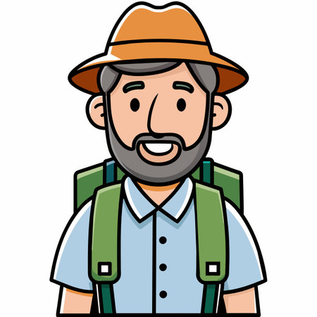 The cartoon character is a happy man with a beard, hat, and backpackのイラスト素材