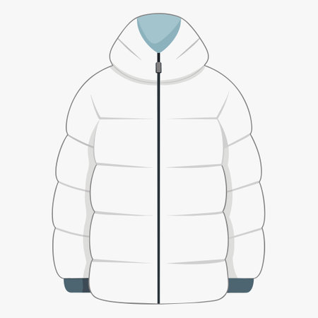 A white padded jacket with a hood is displayed on a white backgroundのイラスト素材