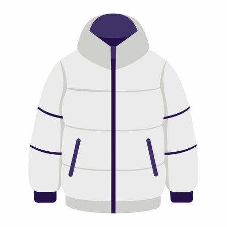 A white padded jacket with a hood being shown against a white backdropのイラスト素材