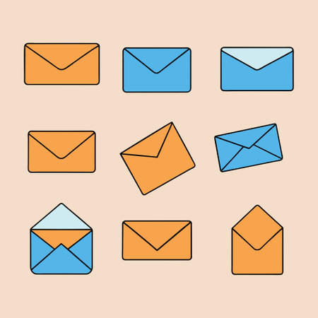 Set includes envelopes with different shapes, colors, and patternsのイラスト素材