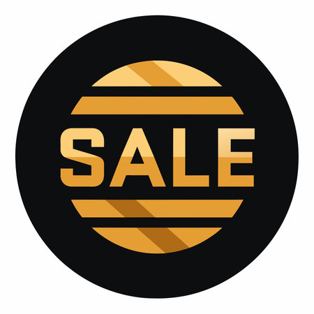 A black and gold sale sign in a circle on a white backgroundの写真素材