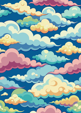 A seamless pattern of colorful clouds on a blue skyのイラスト素材
