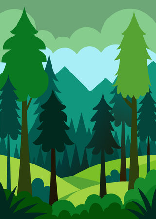 Cartoon forest with mountains, plants, greenery, serene landscapeのイラスト素材