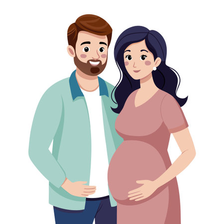 A man and a pregnant woman are standing together, smiling happilyのイラスト素材