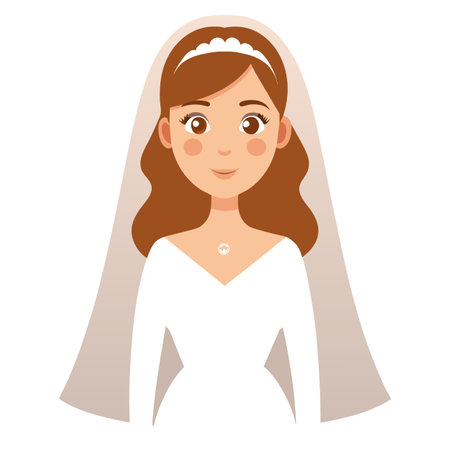 Cartoon bride in wedding dress and veil, showing face, hair, and attireのイラスト素材